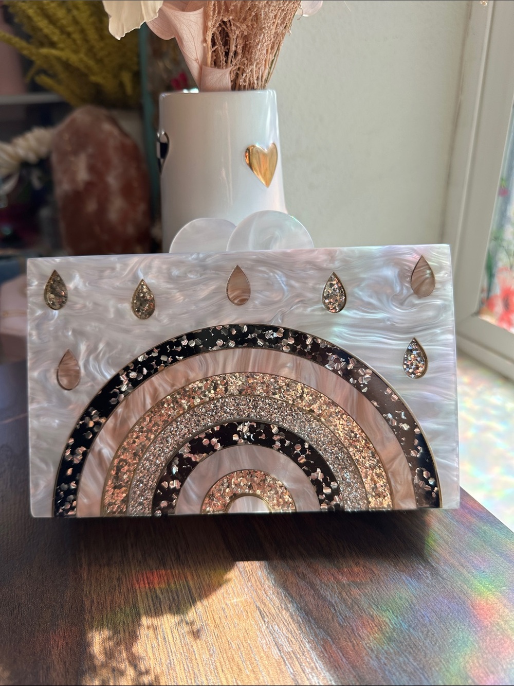Elizabeth Sutton Rainbow Acrylic Clutch Purse STRONG Pearl Marble Gold Chain
